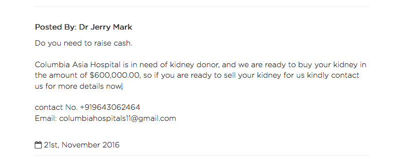 kidney donation for moiney